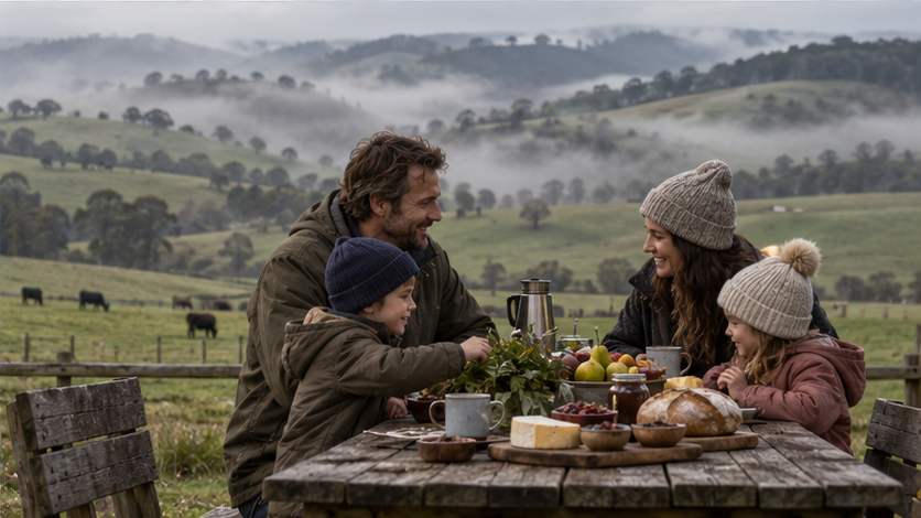 A family sharing local food in misty Gippsland countryside