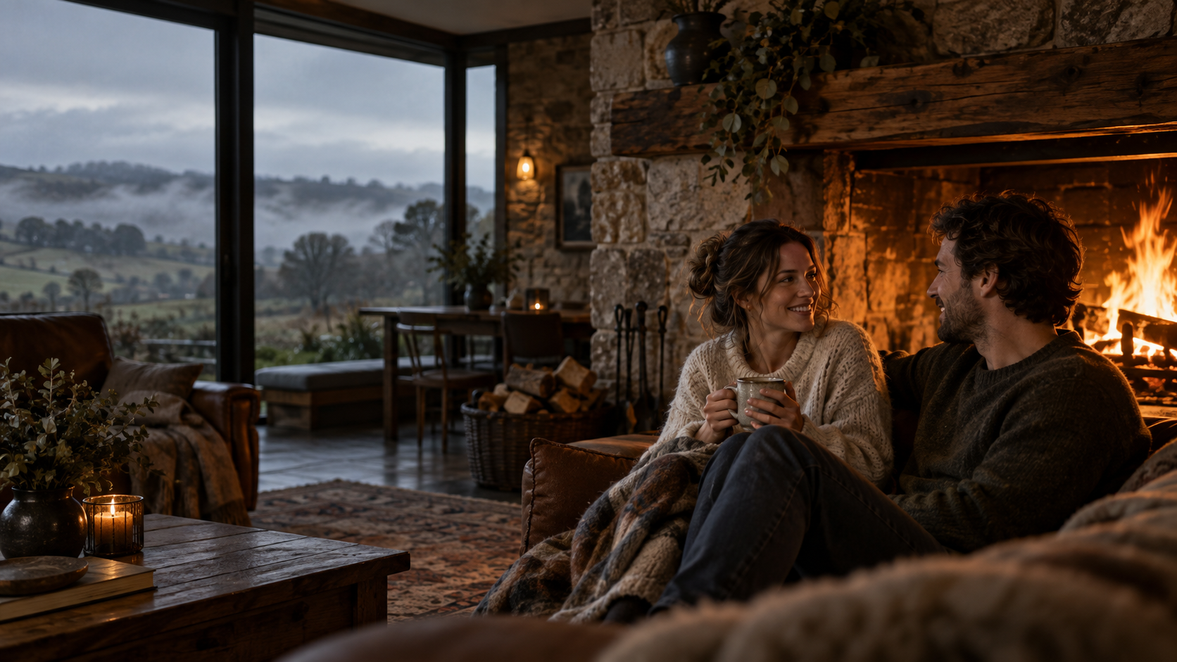 A couple talking beside a stone fireplace, with misty Victorian hills outside