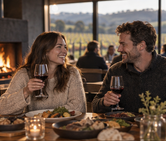 A couple sharing dinner at a regional winery