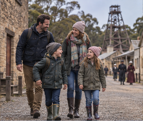 A family exploring a historic regional town in winter